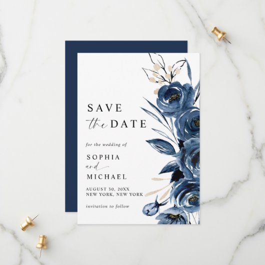 Save The Date Elegant Simple Navy Blue Watercolor Wedding (Devant/Arrière en situation)