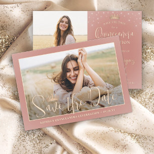 Save The Date Élégant Sparkles Quinceañera 2 Photo Rose Gold