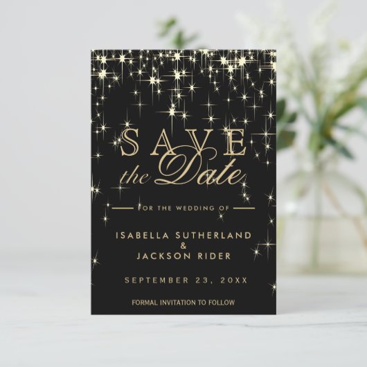 Save The Date Élégant Starlights noir et or - Enregistrer la dat (Debout devant)