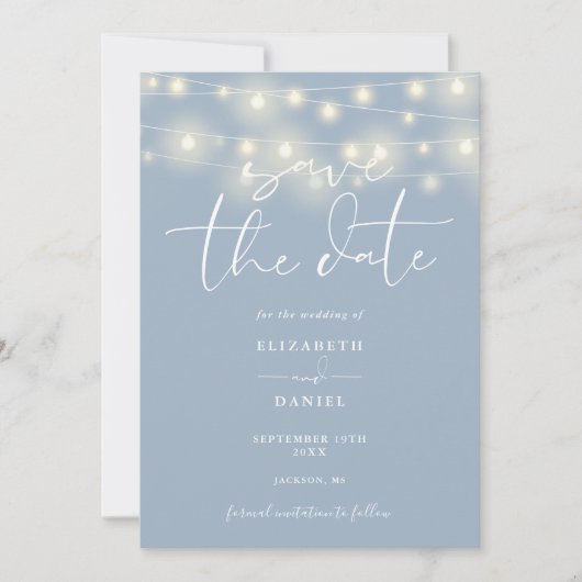 Save The Date Elegant String Lights Dusty Blue QR Code Wedding (Devant)