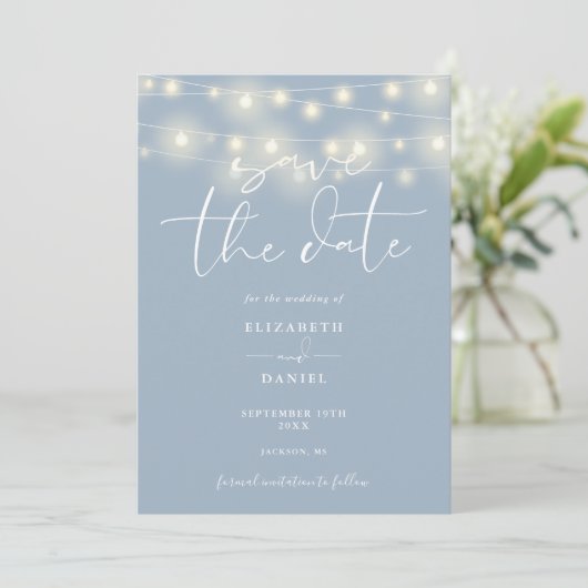 Save The Date Elegant String Lights Dusty Blue QR Code Wedding (Debout devant)