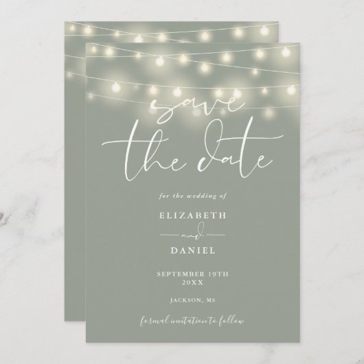 Save The Date Elegant String Lights Sage Green QR Code Wedding (Devant / Derrière)