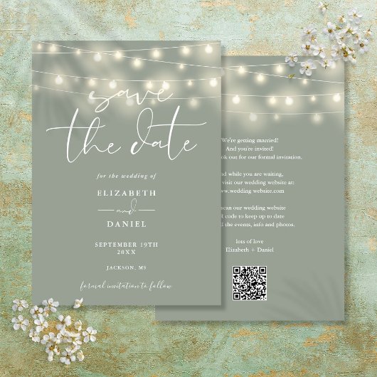 Save The Date Elegant String Lights Sage Green QR Code Wedding