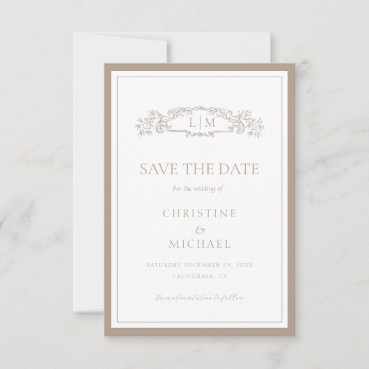 Save The Date Élégant Taupe mariage de monogramme de crête botan (Devant)