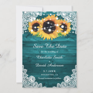 Save The Date Elegant Teal Rustic Wood Lace Sunflower