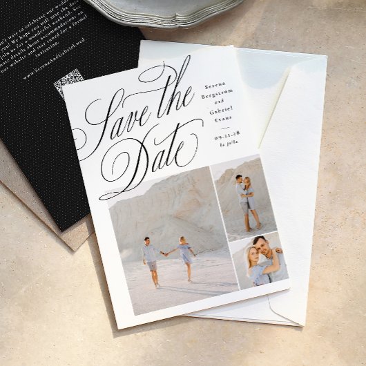 Save The Date Elegant three photo black and white wedding