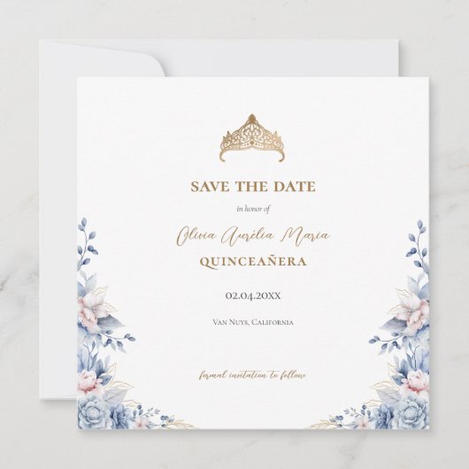 Save The Date Elégant Tiara Floral Quinceañera Photo (Devant)