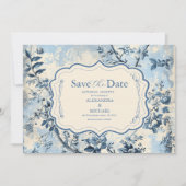 Save The Date Elégant Toile Bleue De Jouy Mariage (Devant)