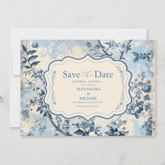 Save The Date Elégant Toile Bleue De Jouy Mariage (Devant)