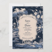 Save The Date Elégant Toile Bleue De Jouy Mariage (Devant)