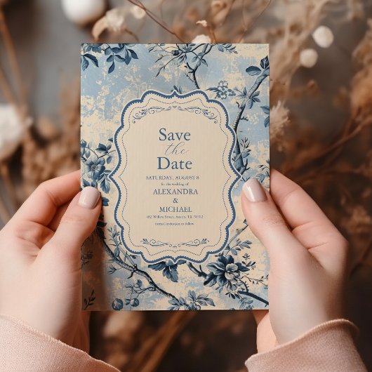 Save The Date Elégant Toile Bleue De Jouy Mariage