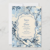 Save The Date Elégant Toile Bleue De Jouy Mariage (Devant)