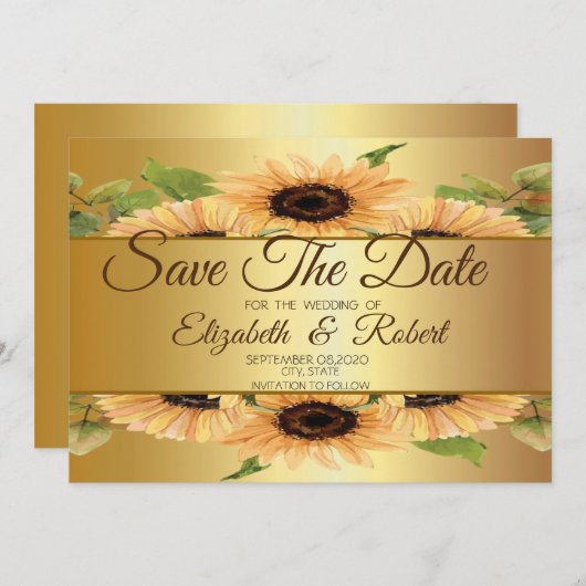 Save The Date Élégant Tournesols Or Enregistrer La Date (Devant / Derrière)