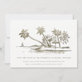 Save The Date Elégant Tropical Beach Palm Tree croquis Or pâle (Devant)