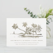 Save The Date Elégant Tropical Beach Palm Tree croquis Or pâle (Debout devant)