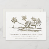 Save The Date Elégant Tropical Beach Palm Tree croquis Or pâle (Devant / Derrière)