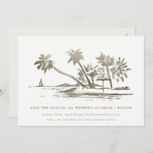 Save The Date Elégant Tropical Beach Palm Tree croquis Or pâle (Devant / Derrière)