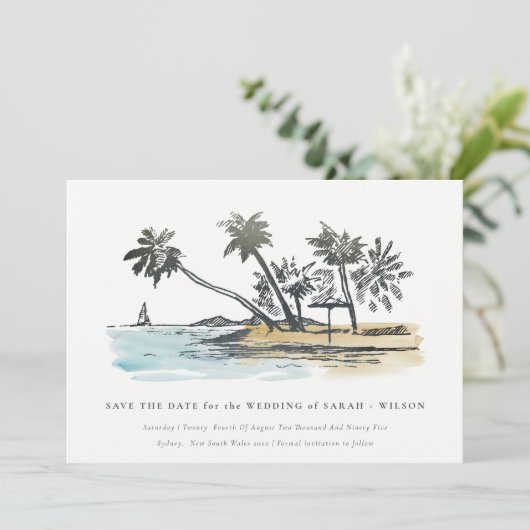 Save The Date Elégant Tropical Beach Palm Tree Sketch Aquarelle (Debout devant)