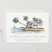 Save The Date Elégant Tropical Beach Palm Tree Sketch Aquarelle (Devant / Derrière)