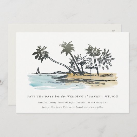 Save The Date Elégant Tropical Beach Palm Tree Sketch Aquarelle (Devant / Derrière)