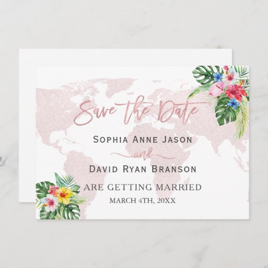 Save The Date Élégant Tropical Floral Gold World Map Mariage (Devant / Derrière)