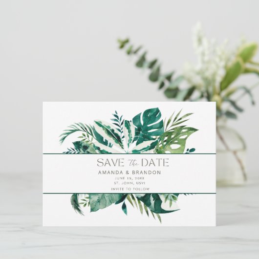 Save The Date Elégant Tropical Leaf Photo Wedding Enregistrer La (Debout devant)