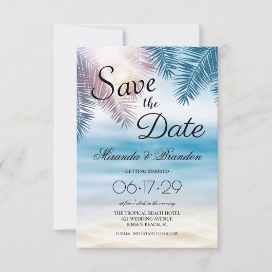 Save The Date Elégant Tropical Ocean Summer Beach Mariage (Devant)