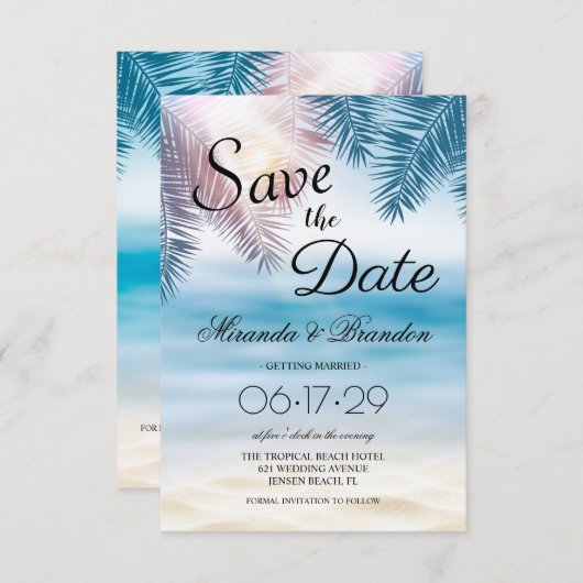 Save The Date Elégant Tropical Ocean Summer Beach Mariage (Devant / Derrière)