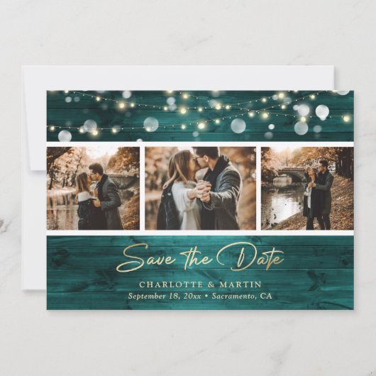 Save The Date Elégant Turquoise Gold Foil Mariage en bois 3 Phot (Devant)