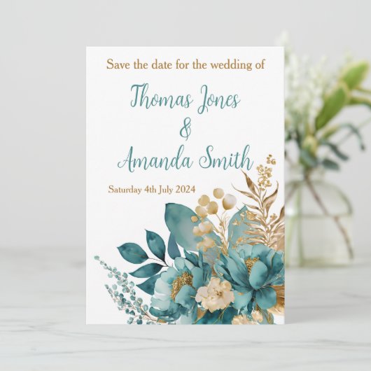Save The Date Élégant Turquoise & Or Plat Floral Enregistrer La  (Debout devant)