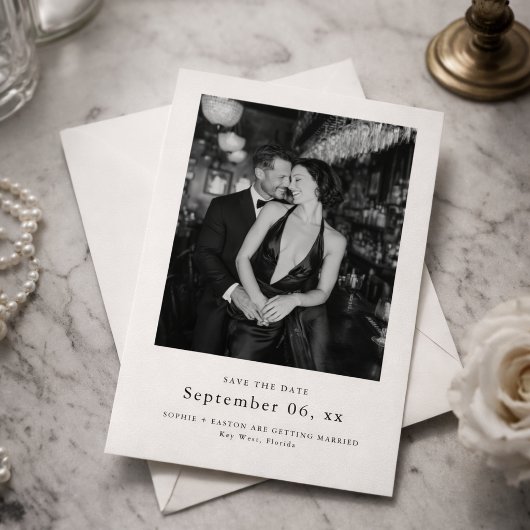 Save The Date Elegant Typography Black White Wedding Photo