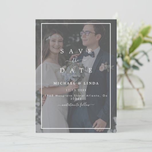 Save The Date Élégant Vellum noir & blanc superposition Mariage  (Debout devant)