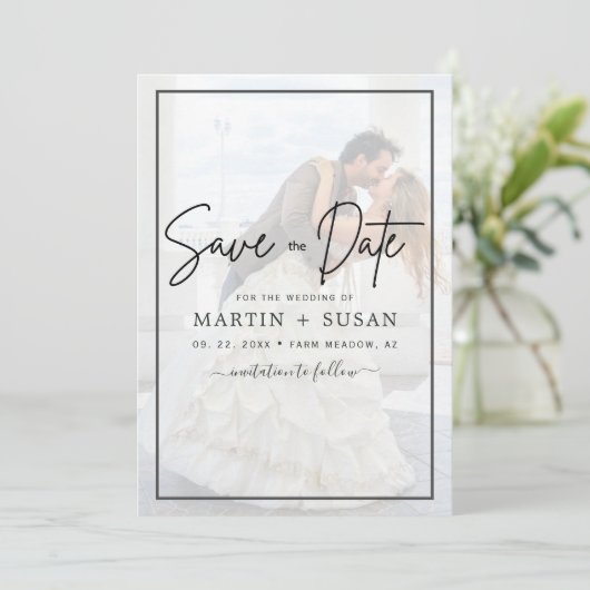 Save The Date Élégant Vellum noir & blanc superposition Mariage (Debout devant)