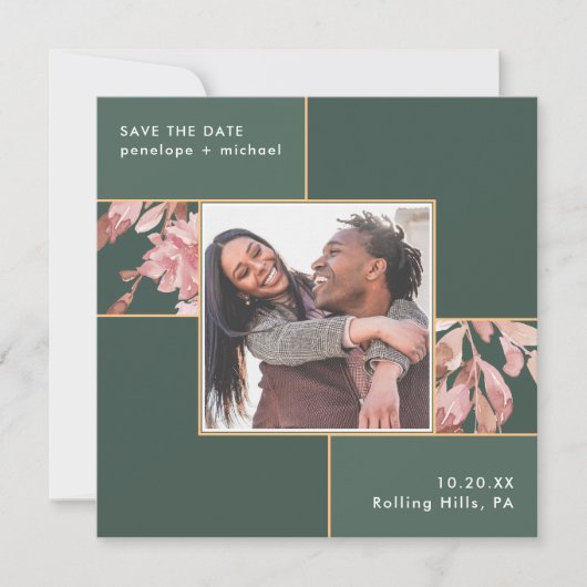 Save The Date Élégant vert avec Mariage photo rose floral (Devant)
