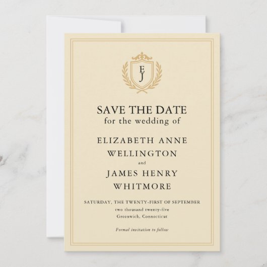 Save The Date Elégant vieil argent Crest - ivoire et Mariage or (Devant)