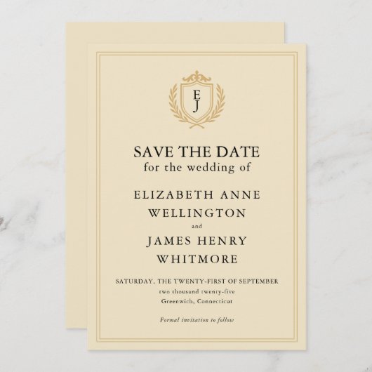 Save The Date Elégant vieil argent Crest - ivoire et Mariage or (Devant / Derrière)