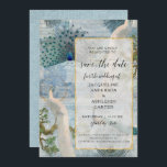 Save The Date Élégant Vintage Peacock Birds Gold Parties scintil<br><div class="desc">"Photo, Elegant Vintage Peacock Birds Gold Parties scintillant Script Enregistrer la date." Le look élégant et velouté qui est souligné dans la parties scintillant dorée mince est au-dessus d'un collage vintage moderne d'images d'oeuvres d'art botaniques antiques et éphémère dans les bleus et verts doux. Votre photo fiançailles est facile à...</div>