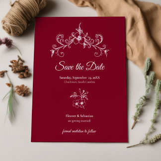 Save The Date Élégant Vintage Romance Bourgogne Floral Mariage