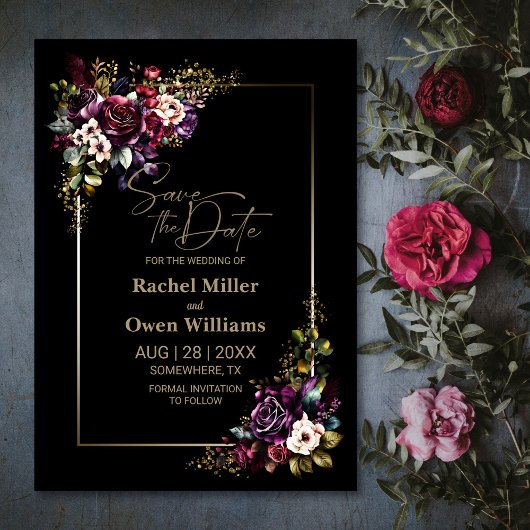 Save The Date Élégant violet bordeaux noir Mariage floral