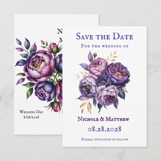 Save The Date Élégant violet et Mariage Magenta Peony (Devant / Derrière)