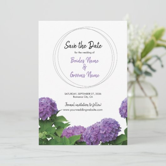 Save The Date Élégant Violet Hydrangea Mariage Enregistrer La Da (Debout devant)