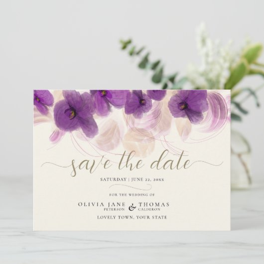 Save The Date Elégant violet orchidée moderne Boho Mariage éléga (Debout devant)