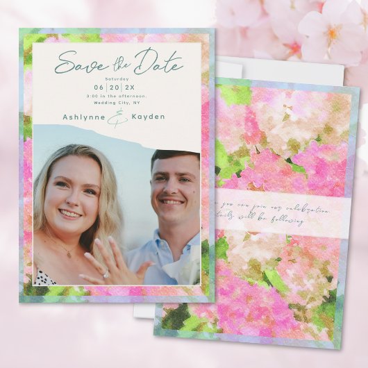 Save The Date Elegant Watercolor Pink Hydrangea Garden Wedding