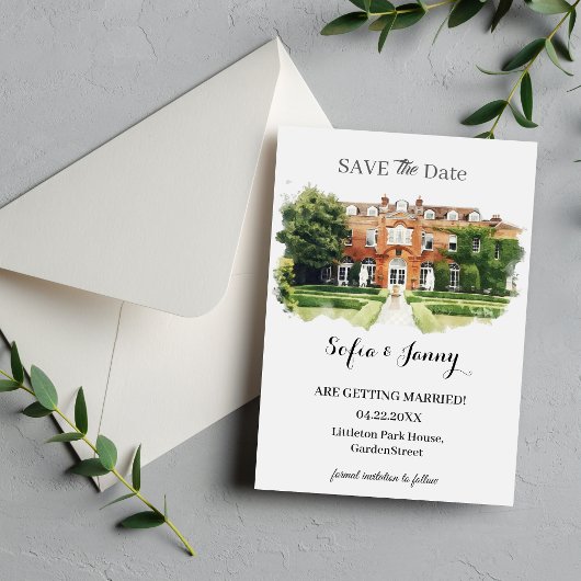 Save The Date Elegant Watercolor Wedding Venue Sketch