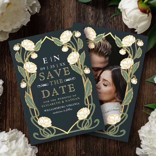 Save The Date Elegant White Peony Art Nouveau Wedding Photo
