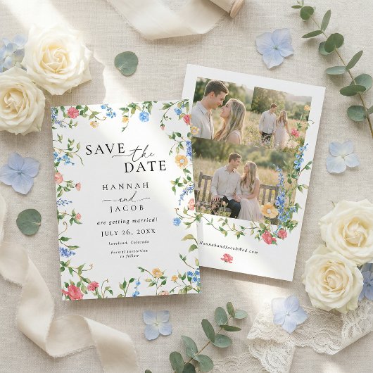 Save The Date Elegant Wildflower Three Photo Wedding