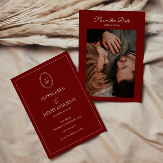 Save The Date Elegant Wine Red Monogram Script Wedding Photo