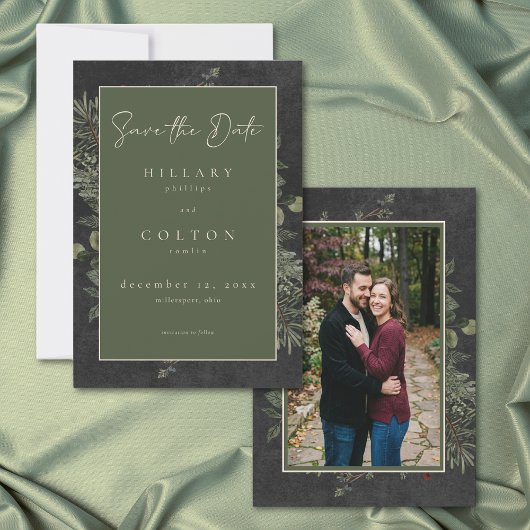 Save The Date Elegant Winter Berries Pine Black Wedding Photo