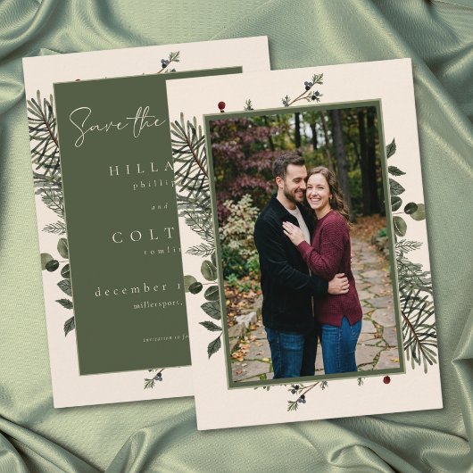 Save The Date Elegant Winter Berries Pine Ivory Wedding Photo