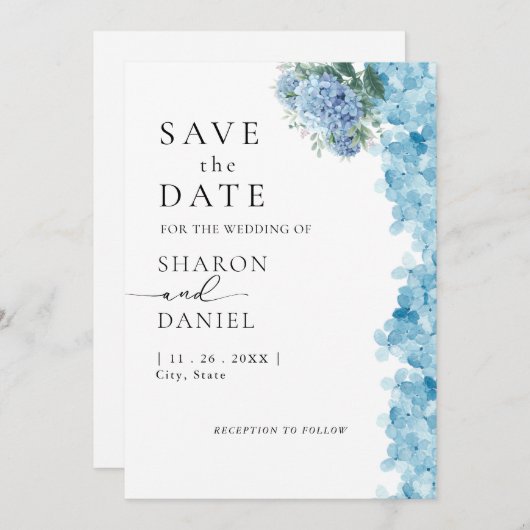 Save The Date Elégante aquarelle bleu Hydrangea (Devant / Derrière)